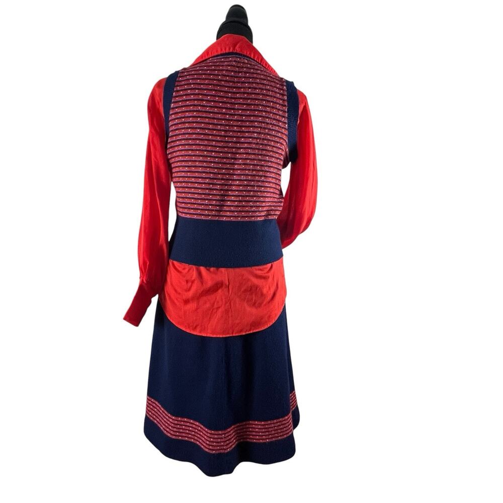 Vintage 70s Rosanna 3pc Knit Skirt Vest Set Red Dagger Collar Bishop Sleeve Sz S - Picture 2 of 16